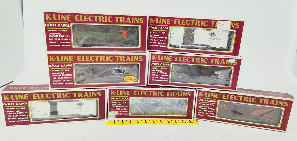 7 K-LINE O27 GAUGE READING, SANTA FE & WESTERN PACIFIC BOXCARS & REEFERS, 7 OBS  INV 263390445