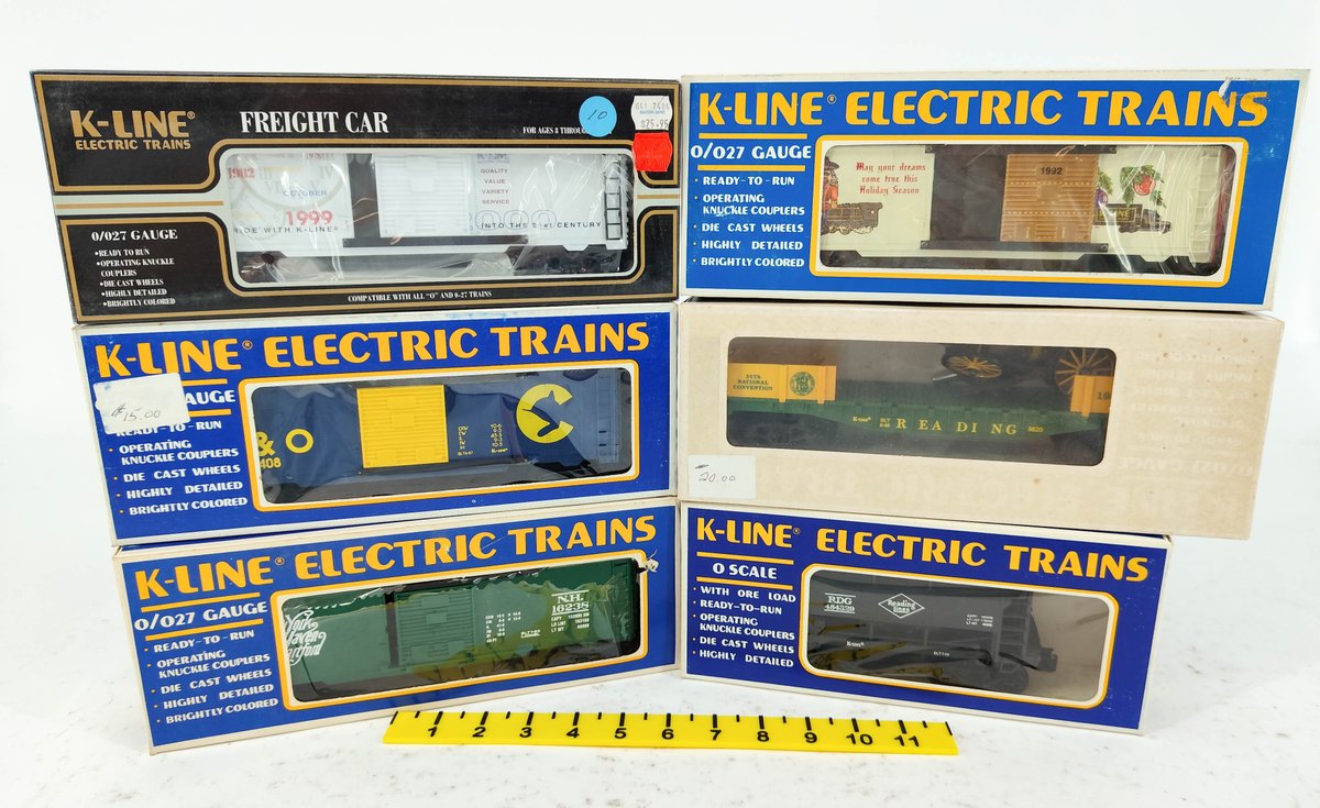 6 K-LINE O/027 GAUGE FREIGHT CARS B&O, READING, NEW HAVEN, HOLIDAY, 6 OBS  INV 263390446