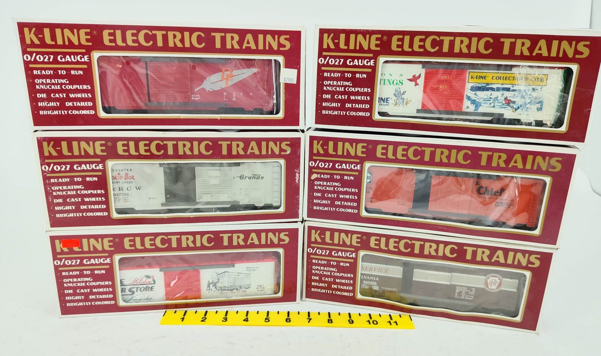 6 K-LINE O/027 BOXCARS & REEFER WP, PRR, D&RGW, SANTA FE, KCC, 6 OBS  INV 263390448
