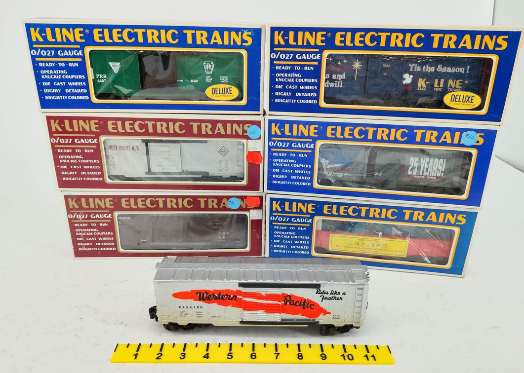 7 K-LINE O/027 BOXCARS & GONDOLA, WESTERN PACIFIC, PRR, T&P, 6 OBS  INV 263390449