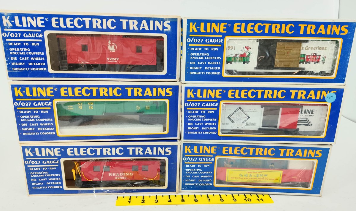 6 K-LINE O27 GAUGE CABOOSES, BOXCARS & GONDOLA, 6 OBS  INV 263390451