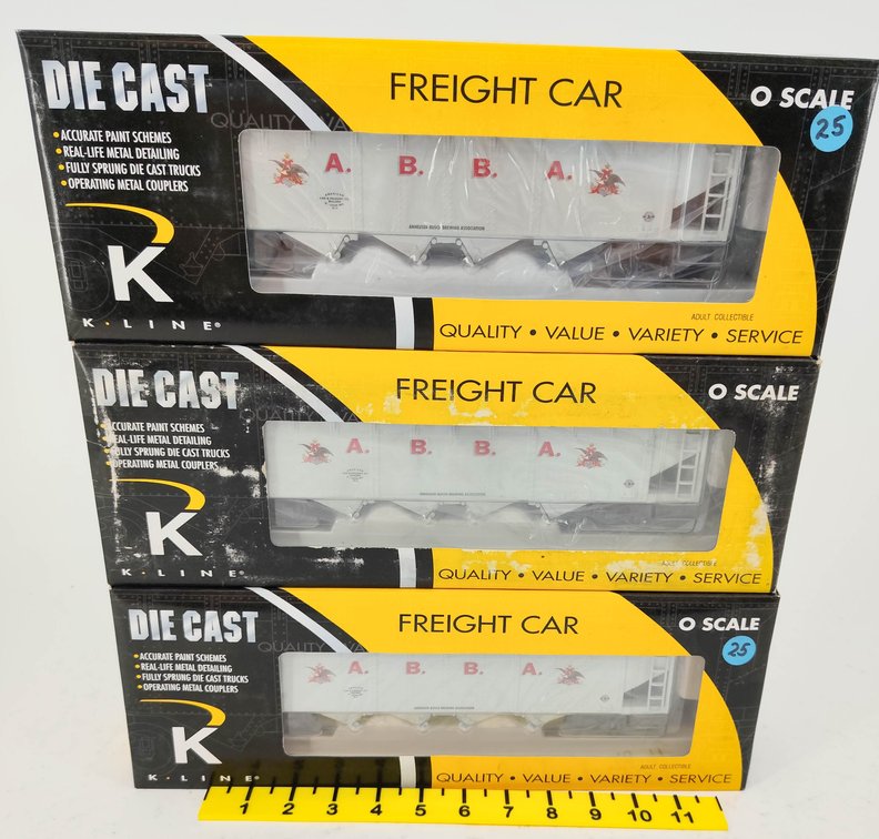 3 K-LINE K623-5601 ANHEUSER-BUSCH ABBA O SCALE DIE CAST HOPPERS, 3 OBS  INV 263390452