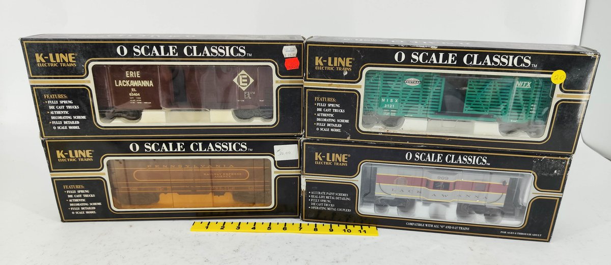 4 K-LINE O SCALE CLASSICS ERIE LACKAWANNA BOXCAR, PRR REEFER, NYC STOCK CAR & CABOOSE, 4 OBS  INV 263390454
