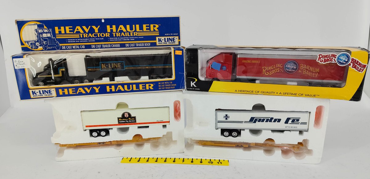 2 K-LINE HEAVY HAULER TRACTOR TRAILERS & 2 SANTA FE/SOUTHERN PACIFIC TRAILERS, 4 OBS  INV 263390453