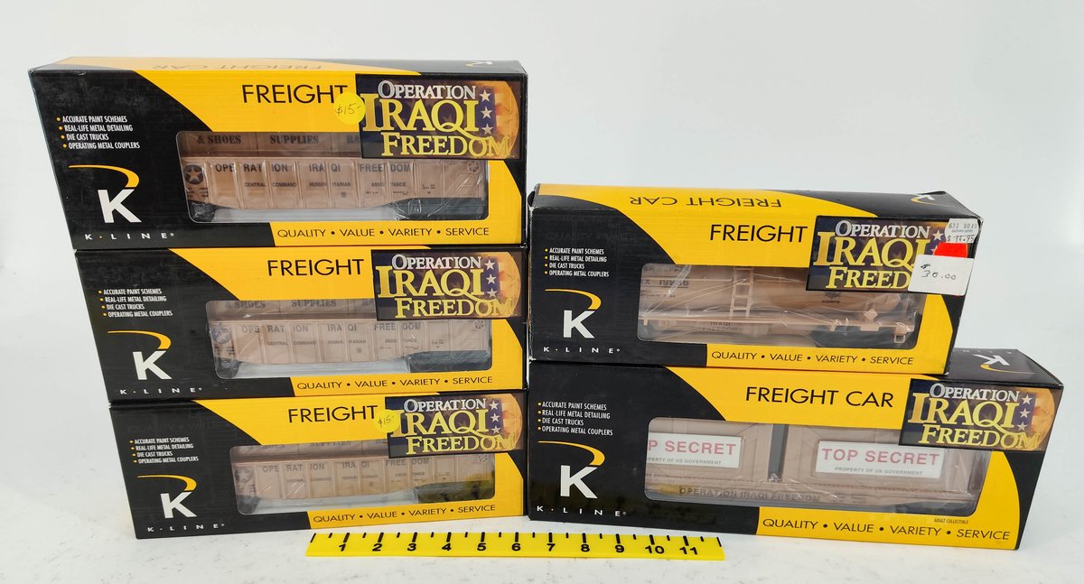 5 K-LINE OPERATION IRAQI FREEDOM O GAUGE GONDOLAS, TANK CAR & FLAT CAR, 5 OBS  INV 263390456