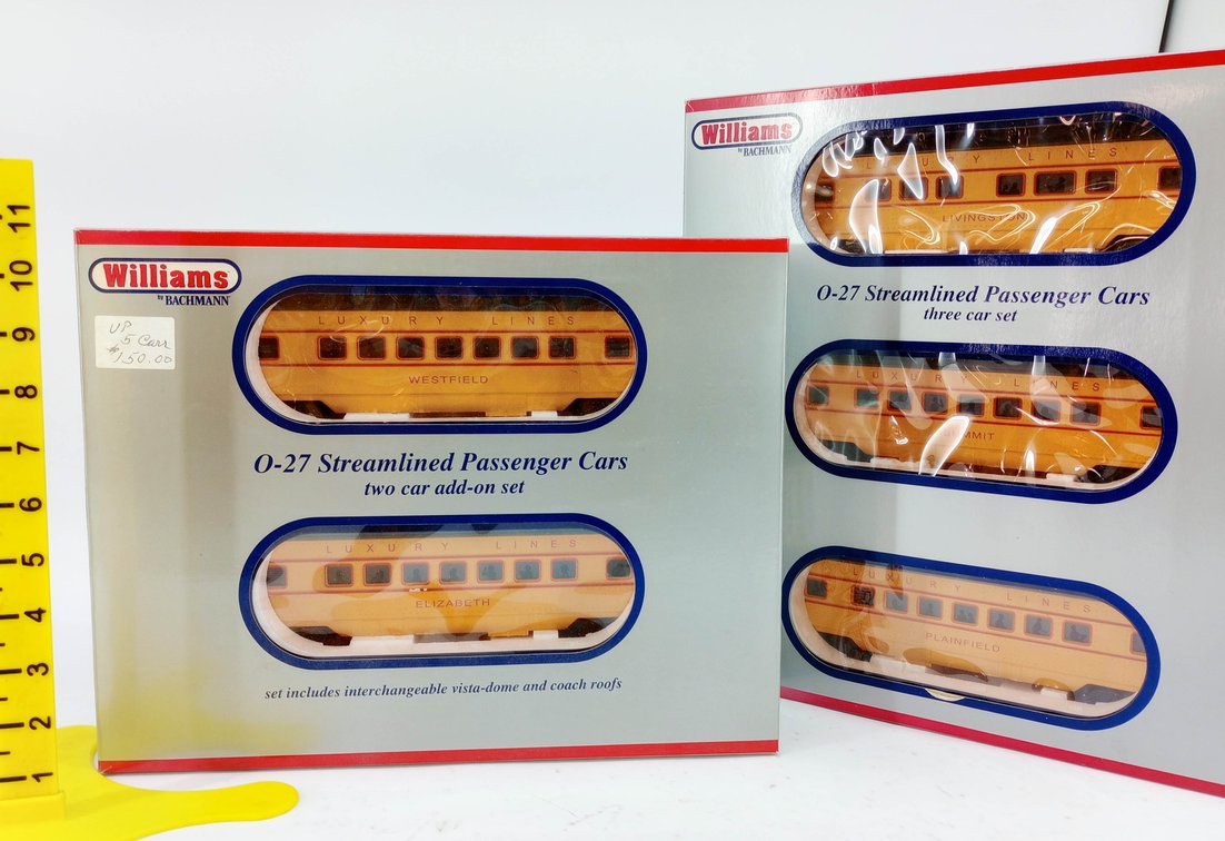 5 WILLIAMS BY BACHMANN 43240 & 43247 UP LUXURY LINES O-27 STREAMLINED PASSENGER CARS, 2 OBS  INV 263390458
