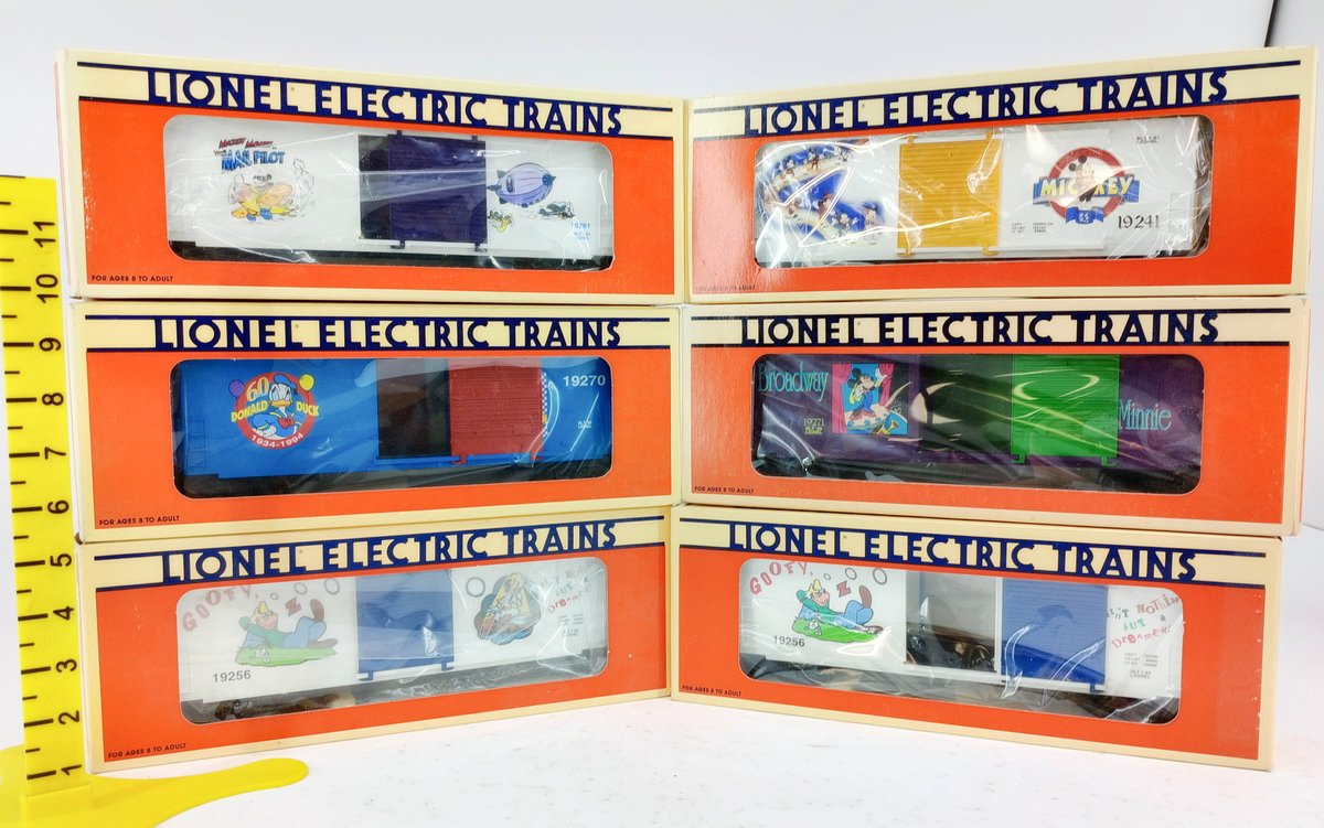 6 LIONEL O GAUGE DISNEY HI-CUBE BOXCARS MICKEY DONALD GOOFY MINNIE, 6 OBS  INV 263390471
