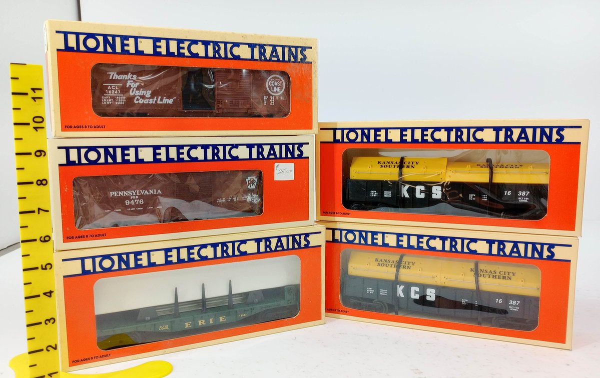 5 LIONEL O GAUGE BOXCARS, GONDOLAS & ERIE FLATCAR, ACL PRR KCS, 5 OBS  INV 263390475