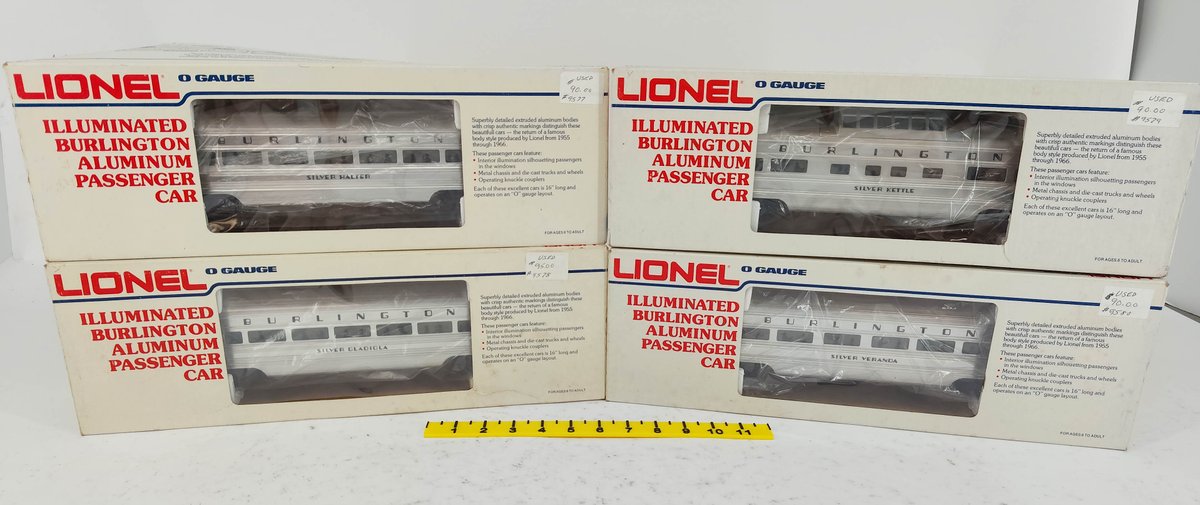 4 LIONEL O GAUGE 6-9577 THRU 6-9580 BURLINGTON ILLUMINATED ALUMINUM PASSENGER CARS, 4 OBS  INV 263390485