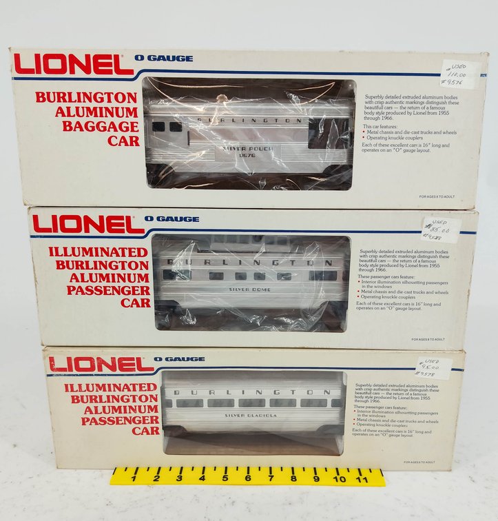 3 LIONEL O GAUGE 6-9576, 6-9578, 6-9588 BURLINGTON ALUMINUM PASSENGER & BAGGAGE CARS, 3 OBS  INV 263390484