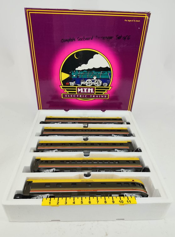 MTH O GAUGE 20-6515 SEABOARD 5-CAR 70' STREAMLINED PASSENGER SET, OB  INV 263390488