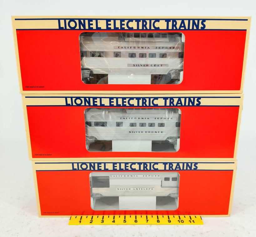 3 LIONEL O GAUGE 6-19122, 6-19123, 6-19124 CALIFORNIA ZEPHYR BAGGAGE & VISTA DOME CARS, 3 OBS  INV 263390486