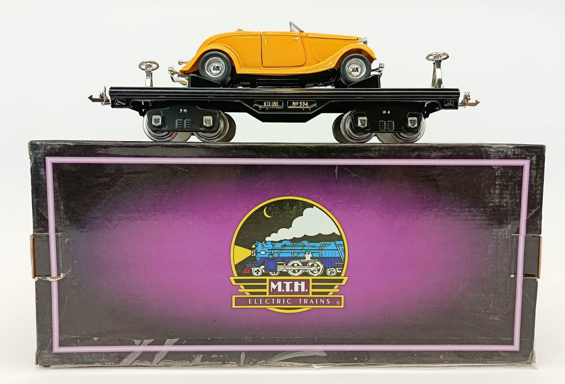 MTH STANDARD GAUGE 10-1162 #534 STD GAUGE FLAT CAR W/ YELLOW ROADSTER, OB  INV 263410005