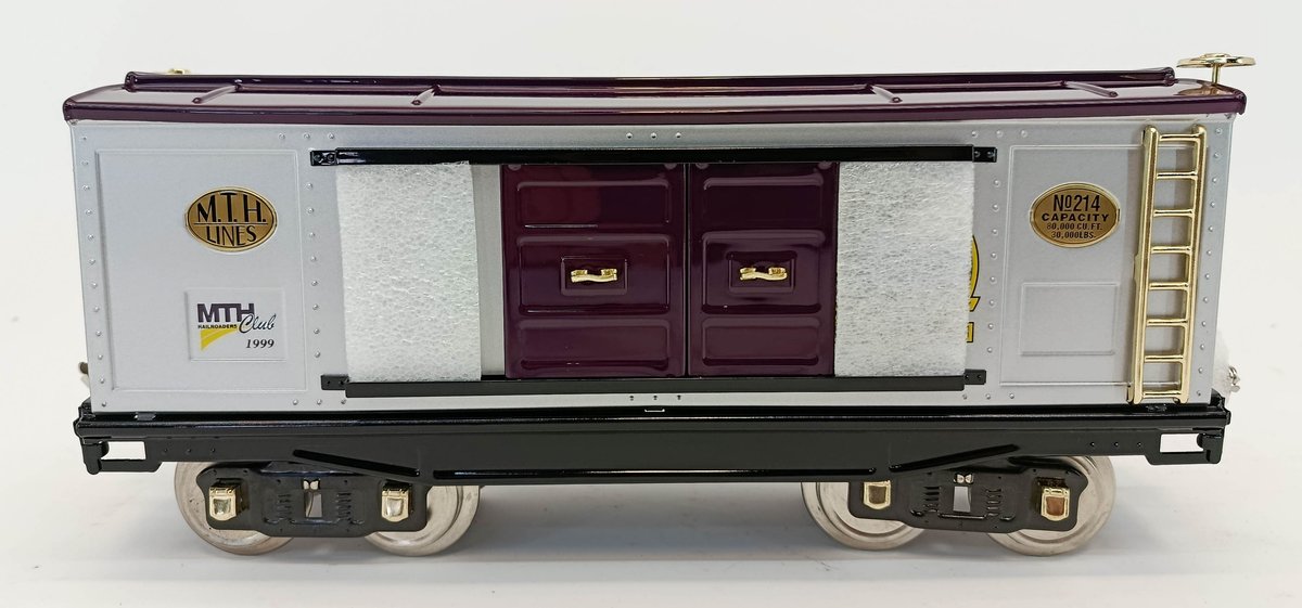 MTH TINPLATE TRADITIONS 214 MTHRRC BOX CAR, PURPLE & SILVER, STANDARD GAUGE, OB  INV 263410038