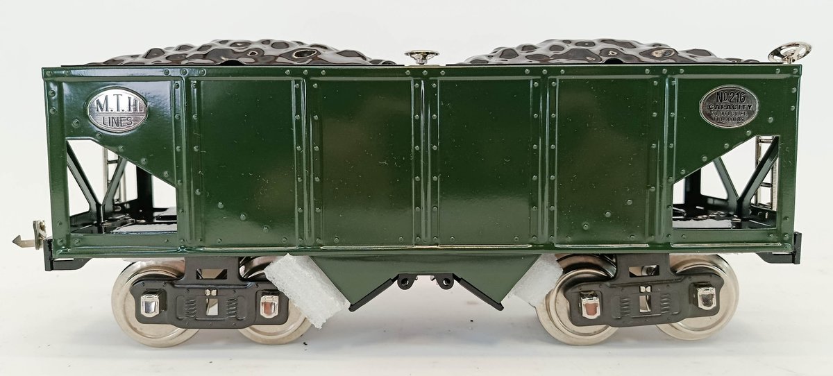 MTH 10-1052 TINPLATE TRADITIONS NO 216 HOPPER CAR, GREEN & BLACK, STD GAUGE, OB  INV 263410055