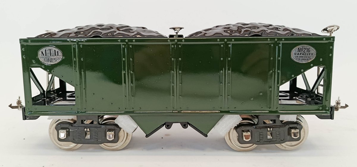 MTH 10-1052 TINPLATE TRADITIONS NO 216 HOPPER CAR, GREEN & BLACK, STD GAUGE, OB  INV 263410054