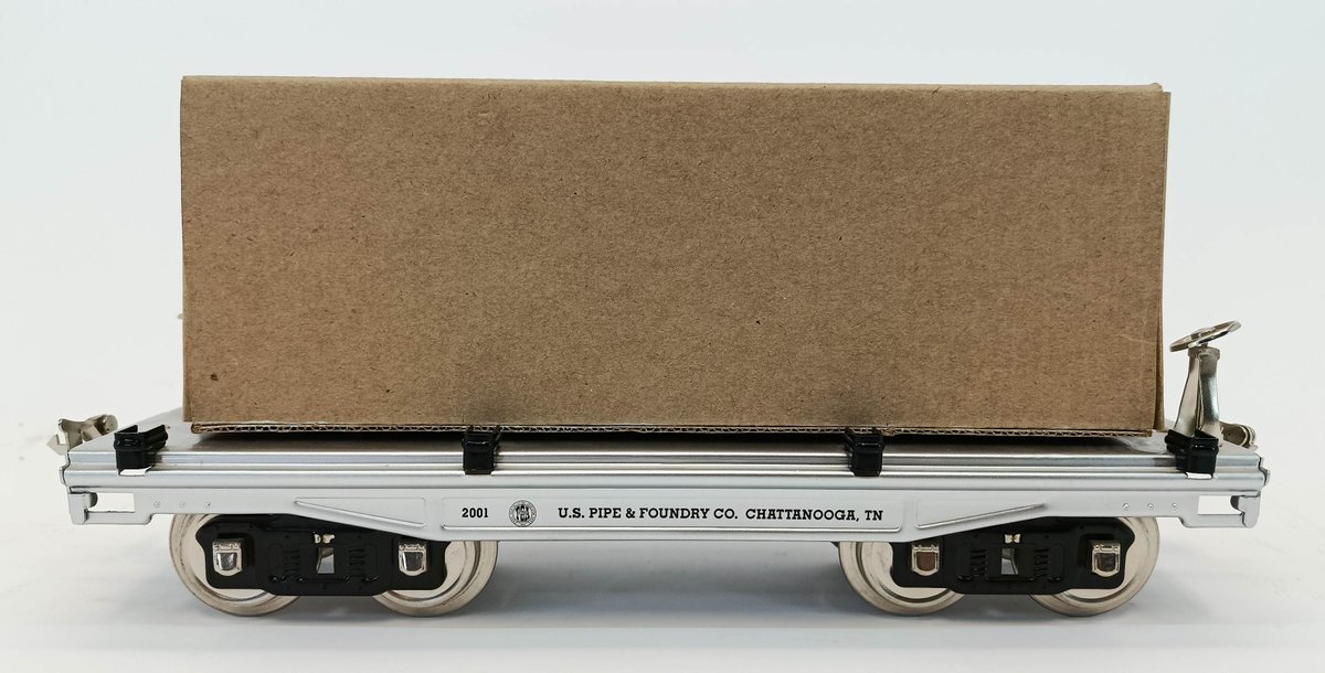 MTH 10-1158 TINPLATE TRADITIONS 200 SERIES U.S. PIPE & FOUNDRY FLAT CAR W/ PIPE LOAD, STD GAUGE, OB  INV 263410108