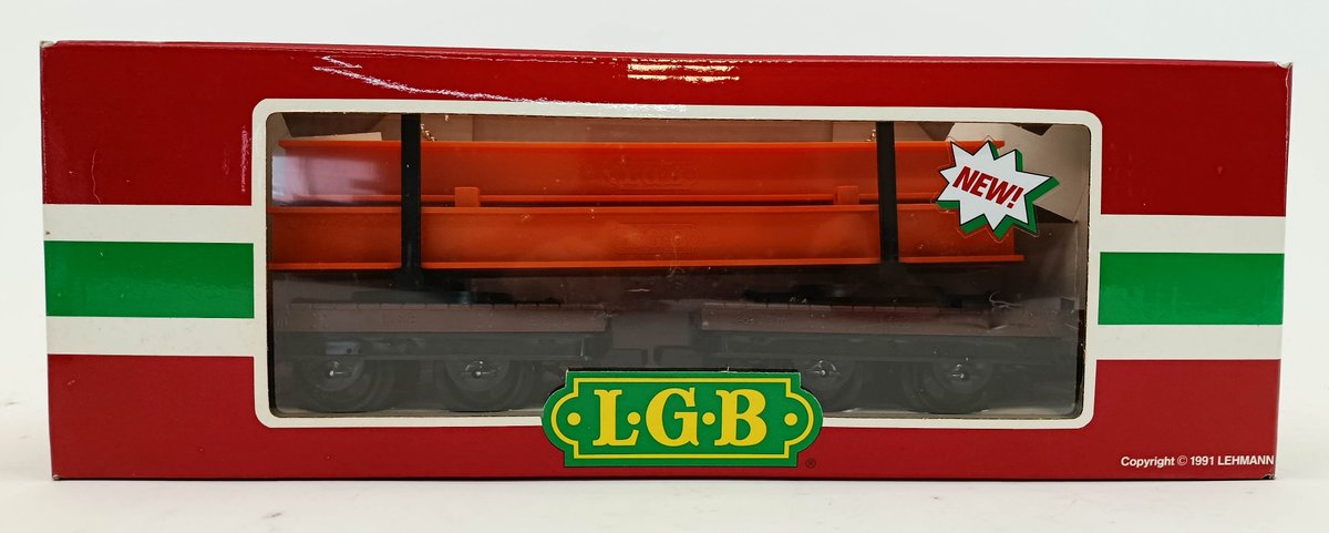 LGB G GAUGE 4050 FLAT CAR W/ ORANGE STEEL BEAM LOAD, OB  INV 263410159