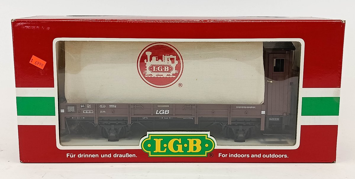 LGB G GAUGE 40130 LGB LOGO TARPED FLATCAR W/ BRAKEMAN CAB, OB  INV 263410184