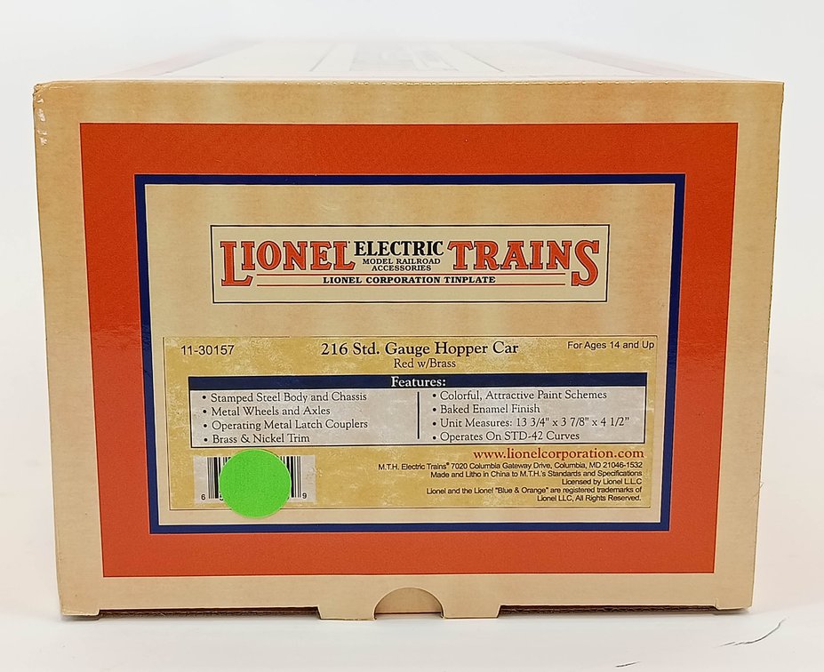 LIONEL 11-30157 216 STANDARD GAUGE RED W/BRASS HOPPER CAR, OB  INV 263410267