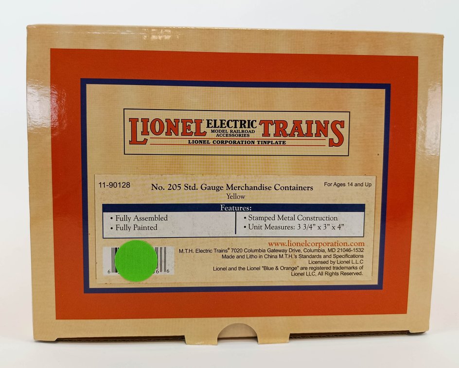 LIONEL 11-90128 NO. 205 STD GAUGE YELLOW MERCHANDISE CONTAINERS, OB  INV 263410268