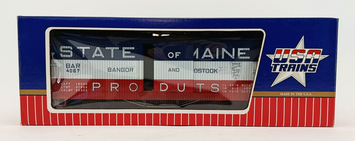 USA TRAINS G GAUGE BANGOR & AROOSTOOK STATE OF MAINE BAR 4067 BOXCAR, OB  INV 263410318