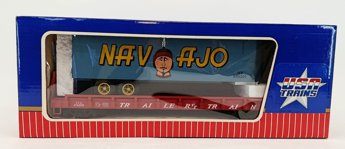 USA TRAINS NAVAJO TRAILER TRAIN FLATCAR W/ NX 645301 TRAILER, G SCALE, OB  INV 263410320