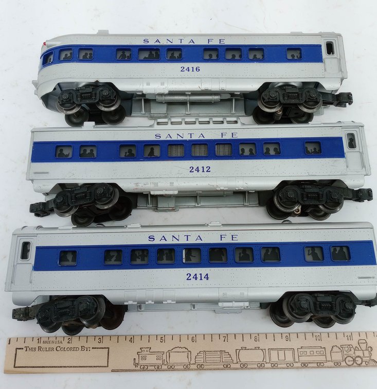 3 O GAUGE SANTA FE 2412 2414 2416 SILVER & BLUE PASSENGER CARS  INV 260390042