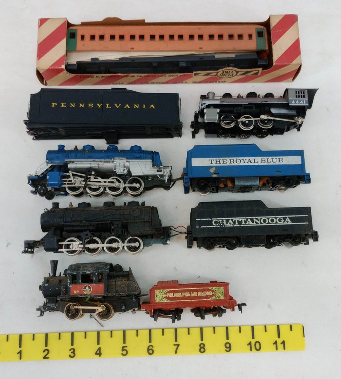 ASSORTED HO SCALE STEAM LOCOMOTIVES & TENDERS PENNSYLVANIA CHATTANOOGA ROYAL BLUE, PENN LINE CAR KIT OB  INV 262330096