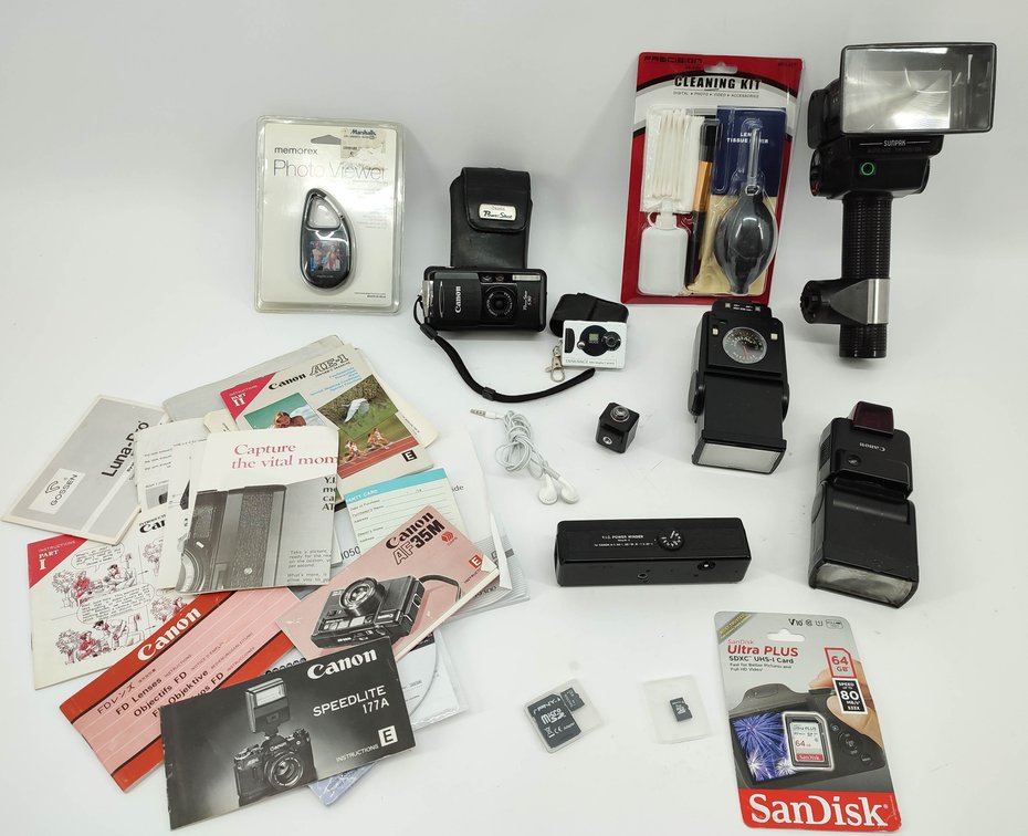 PHOTOGRAPHY GEAR CANON POINT & SHOOT, SLR CAMERA, FLASHES, MEMORY CARDS, MANUALS ETC...  INV 262380531