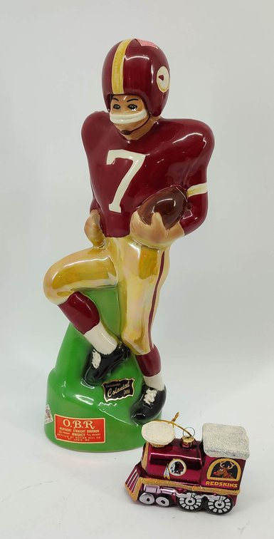 1972 O.B.R. REDSKINS #7 FLOOTBALL PLAYER WHISKEY DECANTER & REDSKINS ORNAMENT  INV 262380540