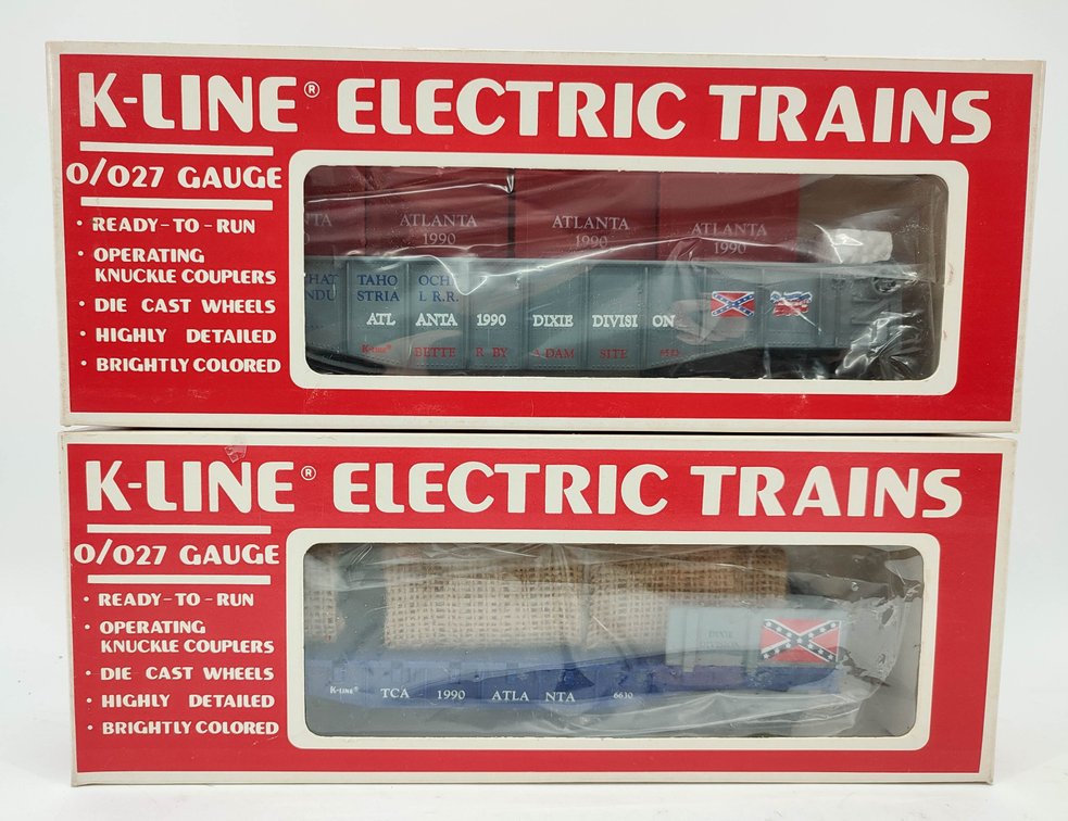 K-LINE 2 O/O27 TRAIN CARS 1990 TCA ATLANTA GONDOLA W/ LOAD K-6523 & FLATCAR W/ LOAD K-6630 IN BOXES  INV 262380587