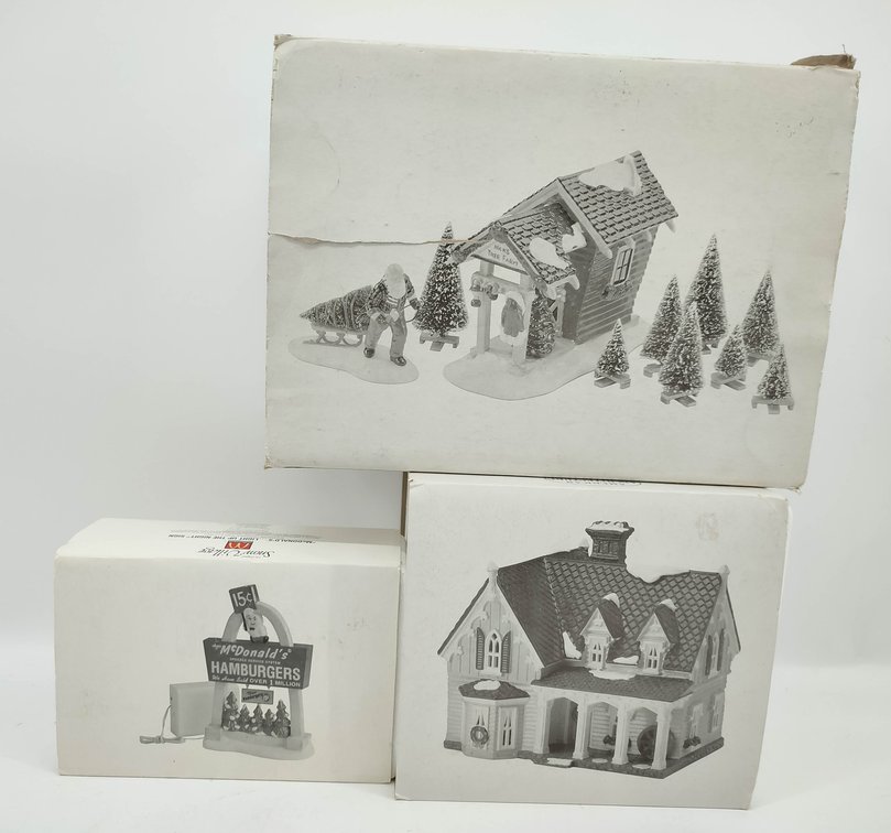 DEPARTMENT 56 3 SNOW VILLAGE BUILDINGS MCDONALDS SIGN, GOTHIC FARMHOUSE, NICK'S TREE FARM IN BOX  INV 262380596