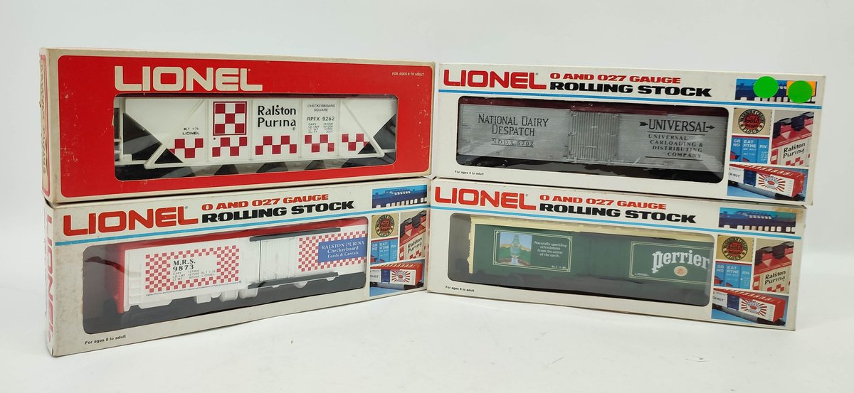 LIONEL 4 VINTAGE O & O27 REEER CARS PERRIER, NATIONAL DAIRY DEPATCH, RALSTON PURINA, HOPPER RALSTON PURINA OBS  INV 262380597