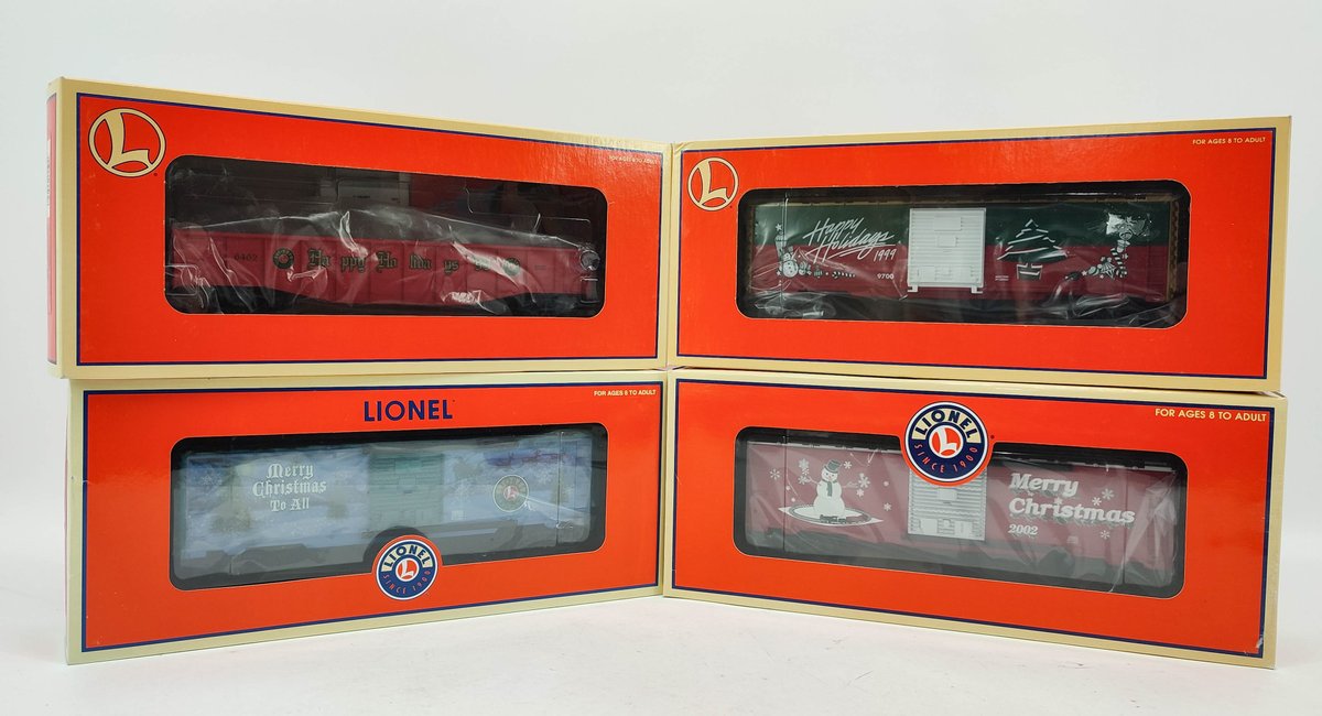 LIONEL 4 CHRISTMAS TRAIN CARS GONDOLA 6-36032, BOXCARS O2 6-36243, 2007 6-25033, 99 9700 6-26243 OBS  INV 262380600