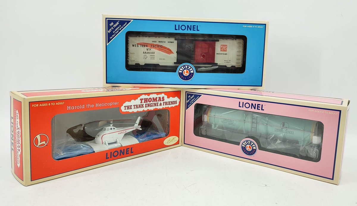 LIONEL 3 TRAIN CARS THOMAS THE TANK HAROLD THE HELICOPTER 6-16173, 6313 TANK CAR 6-26164, WESTERN PACIFIC BOXCAR 6-39257 OBS  INV 262380602