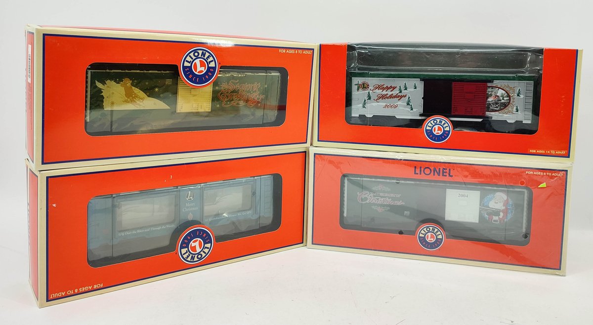 LIONEL 4 CHRISTMAS TRAIN CARS AQUARIUM 6-26752, BOX CARS 2001 6-19998, 2004 6-36275, 2009 6-25066 OBS  INV 262380599