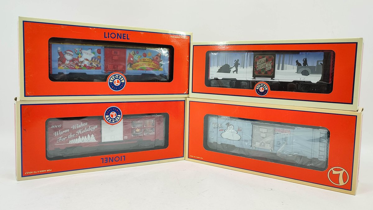 LIONEL 4 CHRISTMAS TRAIN CARS 2023 BOXCAR 2328240, 2008 6-25061, SNOWMAN LOADING ICE CAR 6-16796, 2006 MACYS 6-25043 OBS  INV 262380605