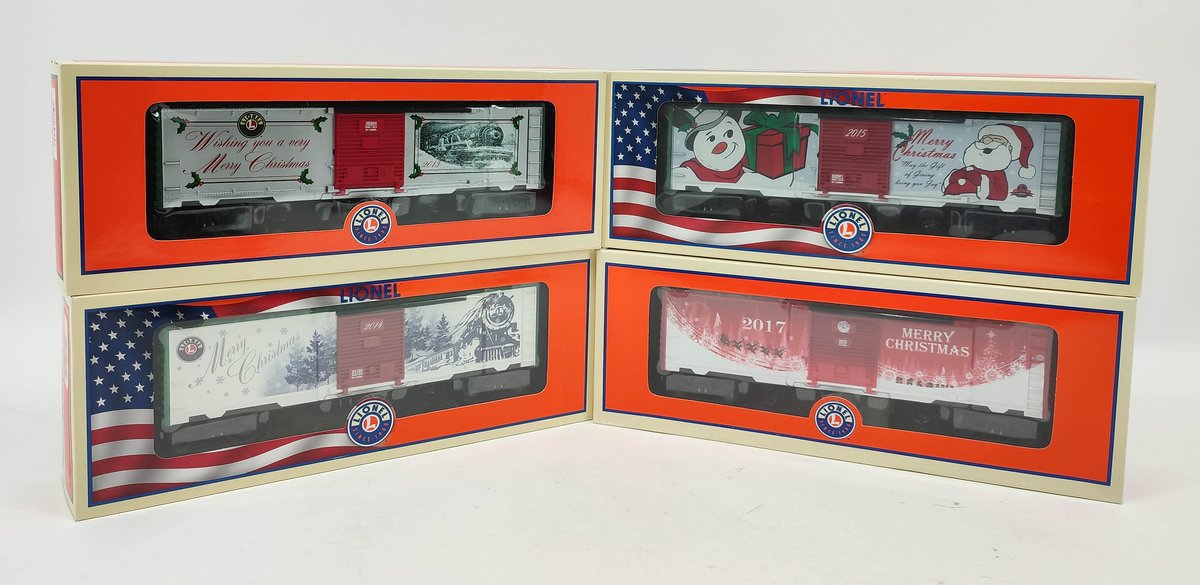 LIONEL 4 CHRISTMAS TRAIN BOX CARS 2013 6-39364, 2014 6-81733, 2015 6-82691, 2017 6-84375 OBS  INV 262380610