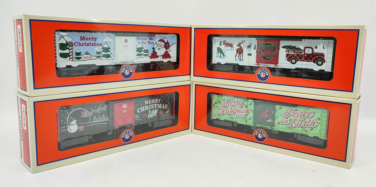 LIONEL 4 CHRISTMAS TRAIN BOX CARS 2018 6-84747, 2019 1928490, 2020 2028200, 2021 2128190 OBS  INV 262380611