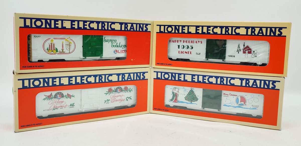LIONEL 4 CHRISTMAS TRAIN BOX CARS 1990 6-19910, 1992 6-19918, 1995 6-19936, 1996 6-19945 OBS  INV 262380607