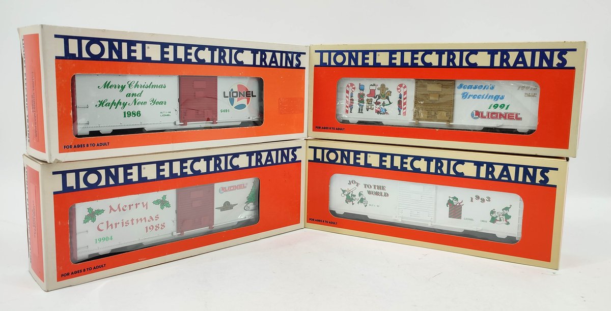 LIONEL 4 CHRISTMAS TRAIN BOX CARS 1986 6-9491, 1988 6-19904, 1991 6-19913, 1993 6-19922 OBS  INV 262380608