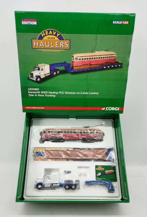 CORGI HEAVY 1:50 SCALE KENWORTH W925 HAULING PCC STREETCAR ON 5-ANLE LOWBOY TYLER & SONS TRUCKING US24903 OB  INV 262380618