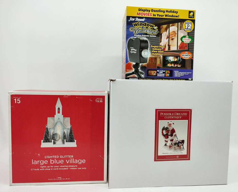 CHRISTMAS 3PC DEPT. 56 POSSIBLE DREAMS CLOTHIQUE SANTA W/DOGS OB, LARGE BLUE VILLAGE CHURCH OB, WINDOW WONDERLAND OB  INV 262380627