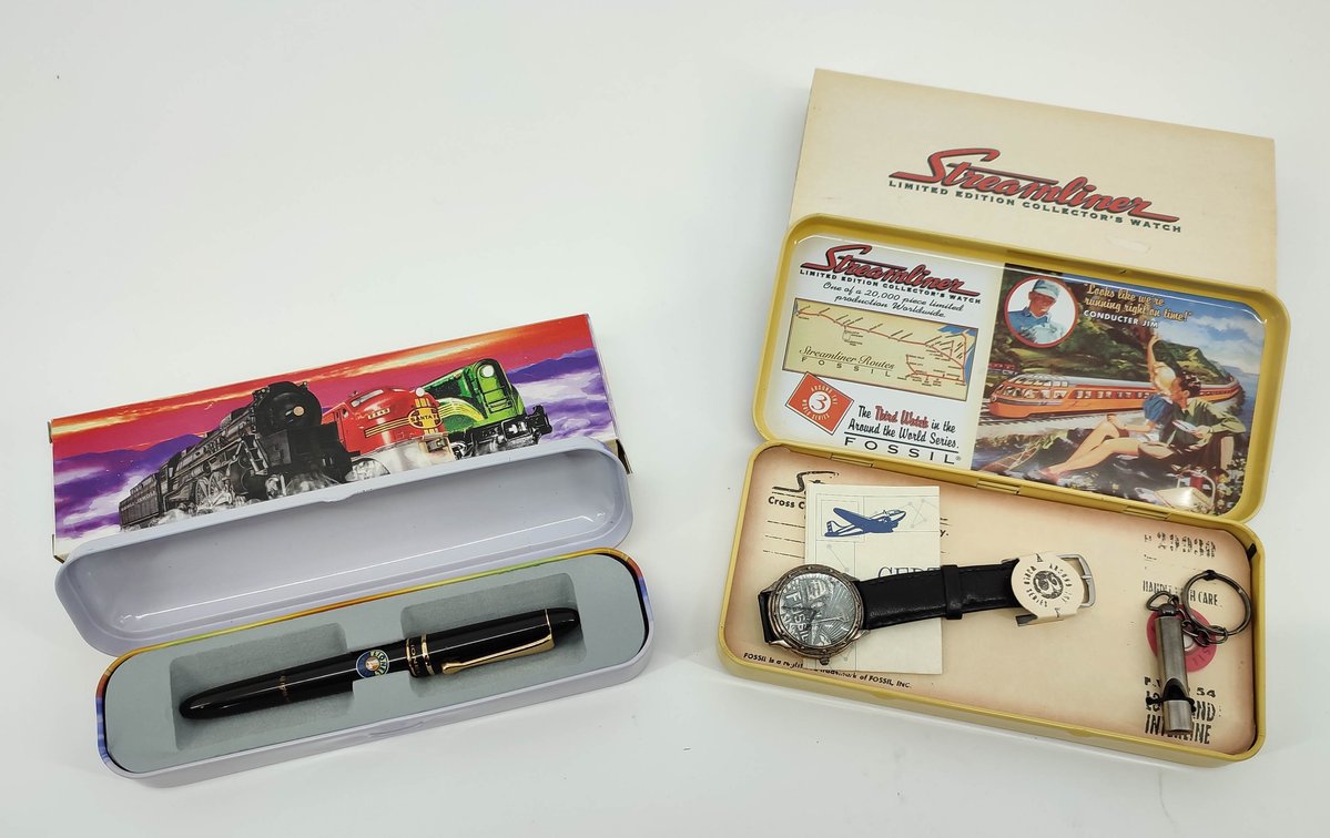2PC LIONEL PEN W/METAL CASE OB & FOSSIL STEAMLINER LIMITED EDITION WATCH & WHISTLE SET LE-9446 OB  INV 262380650
