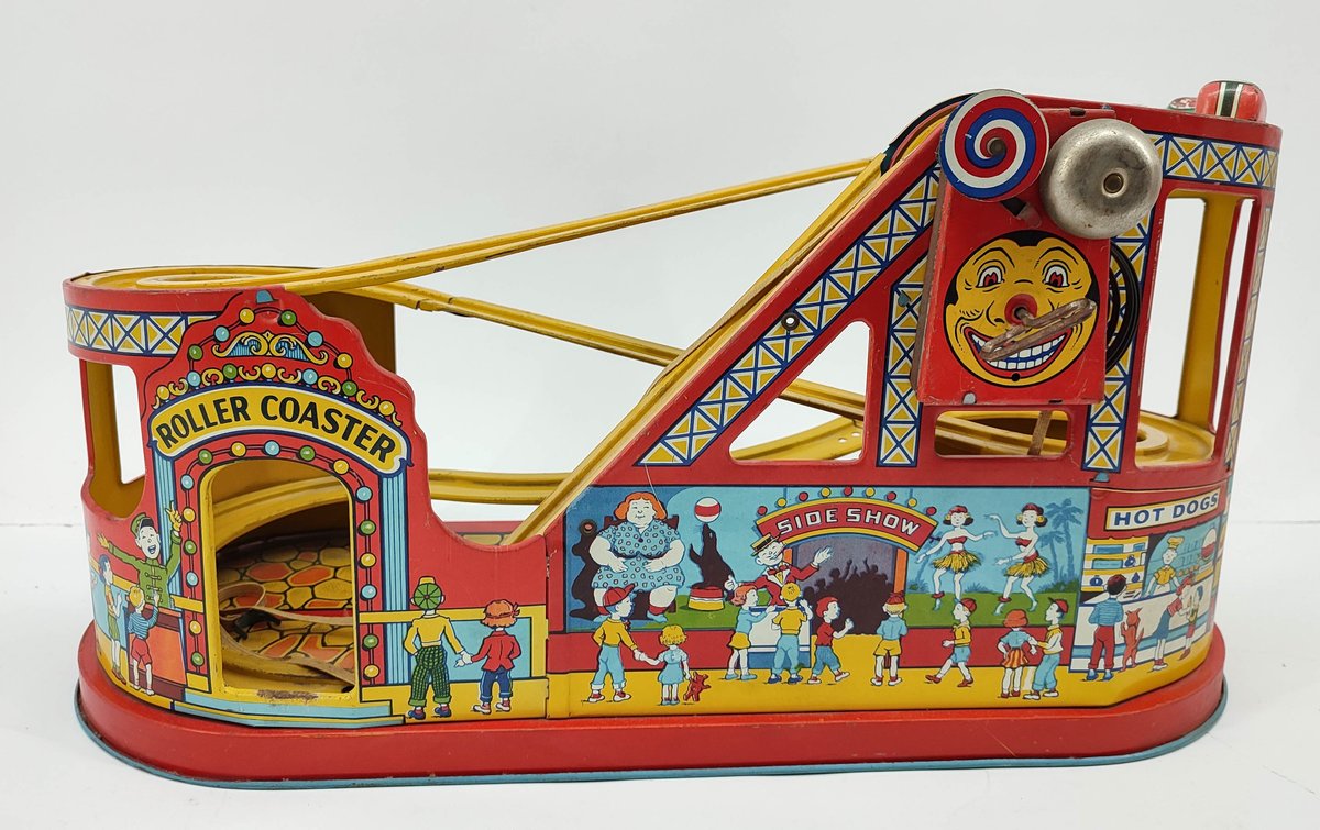 TOYS VINTAGE J. CHEIN MECHANICAL TIN LITHO WIND-UP ROLLER COASTER W/THREE CARS  INV 262380656