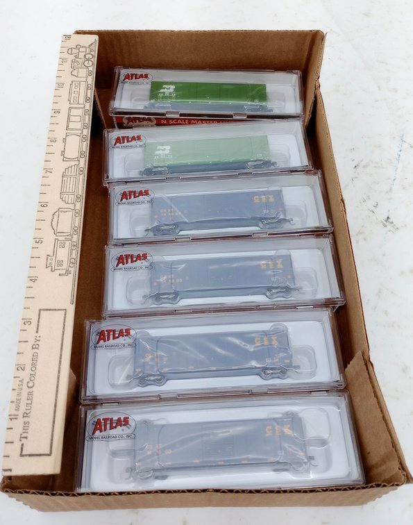 6 ATLAS N FMC 5077 SD BOX CARS, BURLINGTON NORTHERN & CSX, 6 OBS  INV 263331175