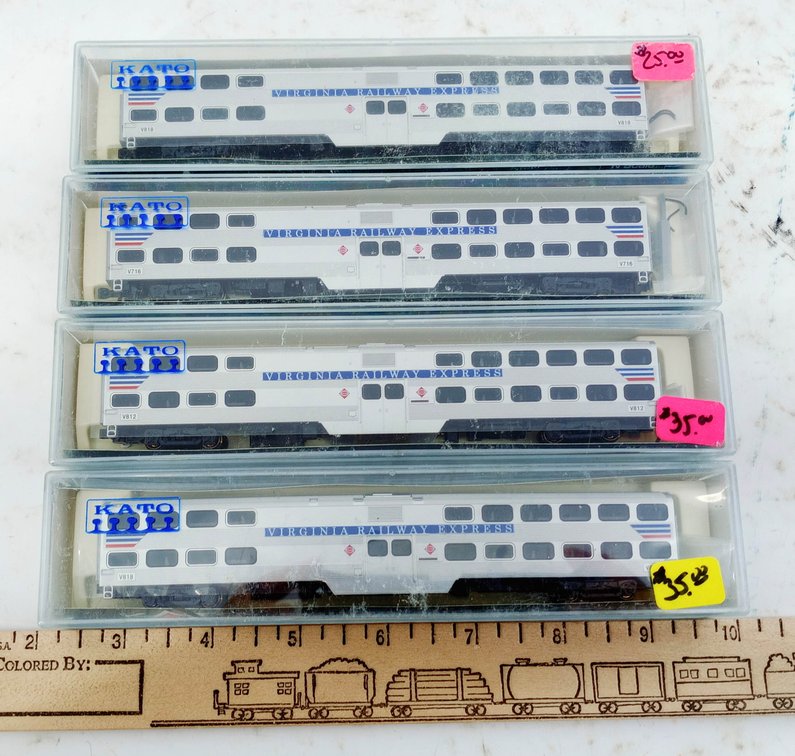 4 KATO N SCALE VIRGINIA RAILWAY EXPRESS GALLERY BI-LEVEL COACHES, 4 OBS  INV 263331191
