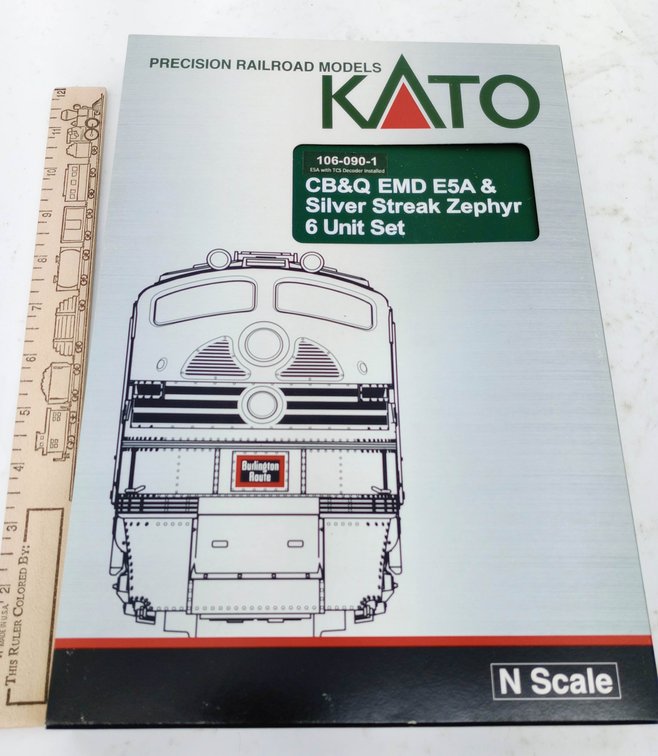 KATO 106-090-1 CB&Q EMD E5A & SILVER STREAK ZEPHYR 6 UNIT SET, N SCALE, OB  INV 263331194