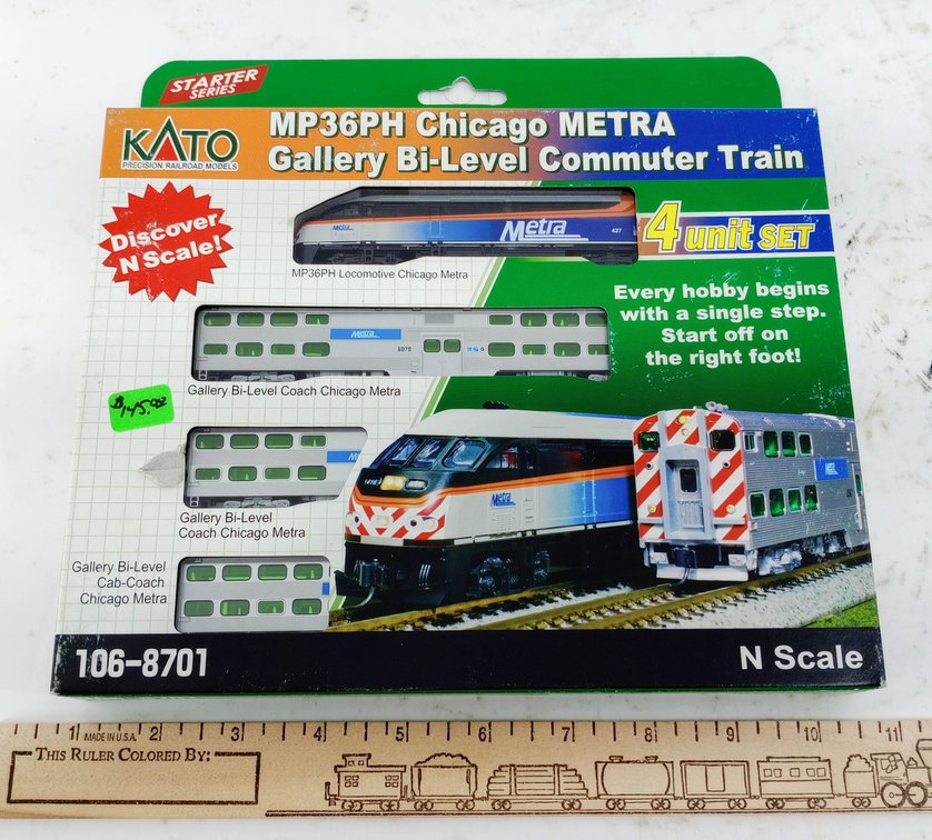 KATO 106-8701 CHICAGO METRA MP36PH & 3 GALLERY BI-LEVEL COACHES N SCALE SET, OB  INV 263331193